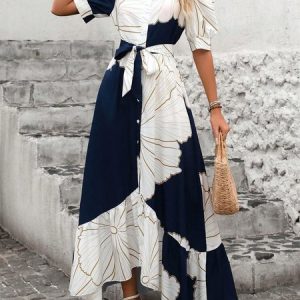 Women Geometric Puff Sleeve Summer Printing Dress V Neck Short Sleeve Shirt Dress A-Line Dress, Dresses, color:Navyblue|size:XXL, catalog Noracora shop