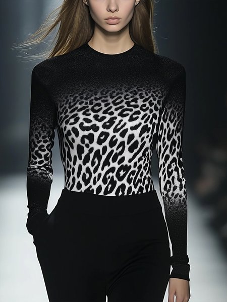 Casual Leopard Printing Crew Neck T-shirt, Tees, color:Black-white|size:XXL, Stylewe