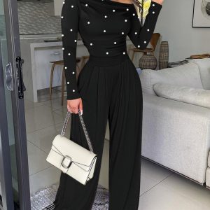 Pearls Decor Skew Neck Long Sleeve Cinched Waist Overalls Casual Ruched Zipper Back Wide Leg Jumpsuit, women Jumpsuits, ChicMe catalog