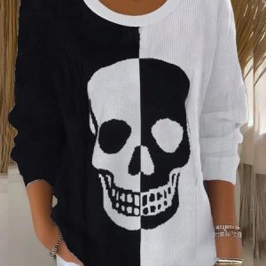 Women Cotton Skull Long Sleeve Comfy Vintage Sweater, Sweaters, color:Black-white|size:4XL, catalog Noracora shop