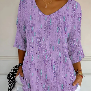 Women Abstract Three Quarter Sleeve Tee T-shirt V Neck Printing Casual Spring/Fall Graphic Tee Top, JustFashionNow T-Shirts, color:Purple|size:5XL,