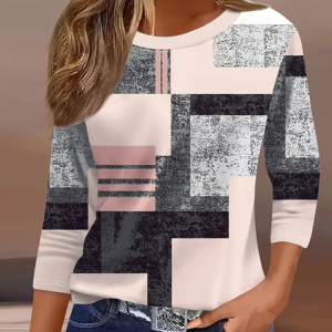 Women Geometric Three Quarter Sleeve Tee T-shirt Crew Neck Casual Spring/Fall Graphic Tee Top, JustFashionNow T-Shirts, color:Pink|size:5XL