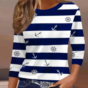 Women Striped Three Quarter Sleeve Tee T-shirt Crew Neck Casual Spring/Fall Graphic Tee Top, JustFashionNow T-Shirts, color:Purplish Blue|size:5XL,