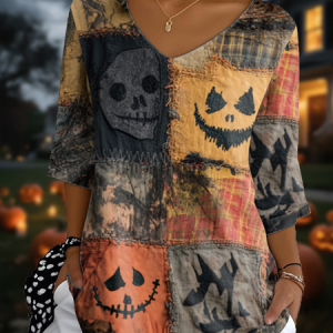 Vintage Halloween Crew Neck Three Quarter Sleeve T-shirt, T-shirts, color:As Picture|size:4XL, catalog Noracora shop