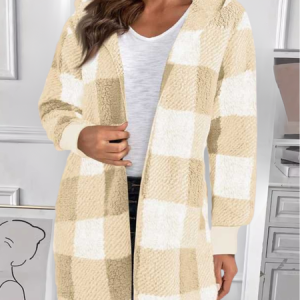 Women Spring/Fall Outerwear Vintage Split Joint Plaid Long Sleeve Hooded Jacket, JustFashionNow Jackets, color:Apricot|size:3XL,