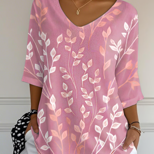 Casual Leaves Art Print V Neck 3/4 Length Sleeve T-shirt, T-shirts, color:Pink|size:5XL, catalog Noracora shop