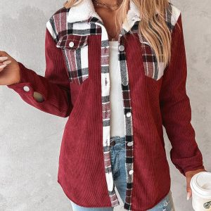 Colorblock Plaid Print Corduroy Lined Shacket, women Jackets & Coats, ChicMe catalog