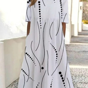 Women Polka Dots Half Sleeve Summer Printing Dress Crew Neck Daily Casual Maxi A-Line Dress, JustFashionNow Casual Dresses, color:White|size:5XL,