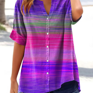 Women Abstract Stripes Short Sleeve Shirt Summer Printing V Neck Daily Casual Top, JustFashionNow Shirts, color:Purple|size:4XL,