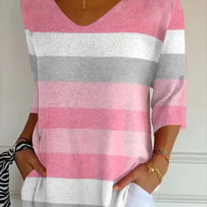 Casual Striped V Neck Three Quarter Sleeve T-shirt, T-shirts, color:As Picture|size:5XL, catalog Noracora shop
