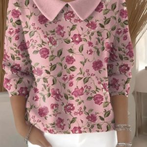 Women Cotton Floral Long Sleeve Comfy Casual Sweater, Sweaters, color:Pink|size:4XL, catalog Noracora shop