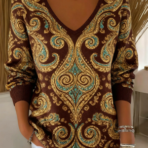 Women Ethnic Long Sleeve Tee T-shirt V Neck Printing Casual Spring/Fall Top, JustFashionNow T-Shirts, color:Brown|size:4XL,