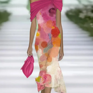 Women Abstract Cap Sleeve Summer Printing Dress Cold Shoulder Daily Vintage Maxi H-Line Dress, JustFashionNow Casual Dresses, color:Pink|size:4XL,