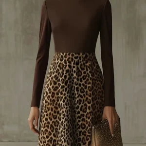 Urban Leopard Printing Turtleneck Knee Length Dress, Midi Dresses, color:Brown|size:XXL, Stylewe