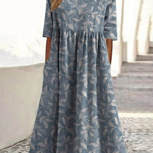 Women Floral Spring/Fall Dress Crew Neck Three Quarter Sleeve Fit & Flare Dress A-Line Dress, Dresses, color:As Picture|size:5XL, catalog Noracora shop