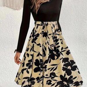 Women Floral Long Sleeve Spring/Fall Printing Dress Crew Neck Daily Vintage Mini Tank A-Line Dress, JustFashionNow Dresses, color:Khaki|size:XXL,