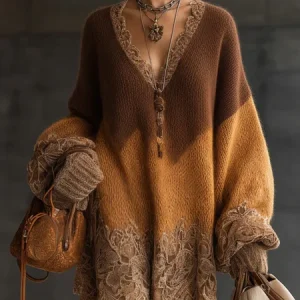 Urban Color Block Balloon Sleeve Lace Knee Length Dress, Mini Dresses, color:Brown|size:XXL, Stylewe