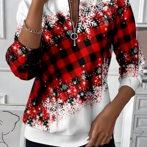 Casual Crew Neck Plaid Sweatshirt Printing, Hoodies & Sweatshirts, color:White-Red|size:XXL, catalog Noracora shop