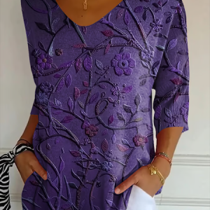Casual Floral V Neck 3/4 Length Sleeve T-shirt, T-shirts, color:Purple|size:5XL, catalog Noracora shop
