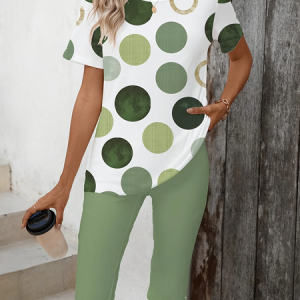Women Polka Dots Printing Two-Piece Set Daily Short Sleeve Casual Summer Top With Pants Matching Set, JustFashionNow Suit Set, color:Green|size:XXL,