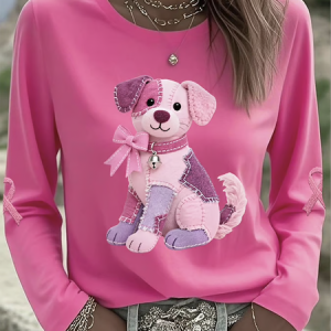 Vintage Animal Crew Neck Long Sleeve T-shirt, T-shirts, color:Rose Red|size:4XL, catalog Noracora shop