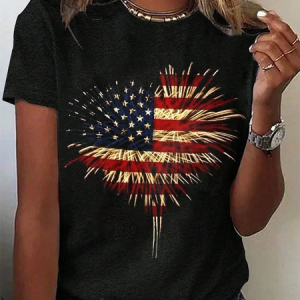 Women Independence Day (Flag) Short Sleeve Tee T-shirt Crew Neck Printing Casual Summer Graphic Tee Top, JustFashionNow T-Shirts, color:Black|size:4XL