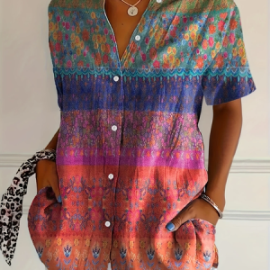 Women Floral Short Sleeve Shirt Summer Printing Shirt Collar Daily Casual Top, JustFashionNow Shirts, color:As Picture|size:5XL,