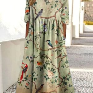 Women Floral Summer Dress Crew Neck Short Sleeve A-Line Dress, Maxi, color:Lightgreen|size:4XL, catalog Noracora shop