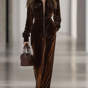 Urban Zipper Plain Shawl Collar Jumpsuit, Jumpsuits, color:Brown|size:XXL, Stylewe