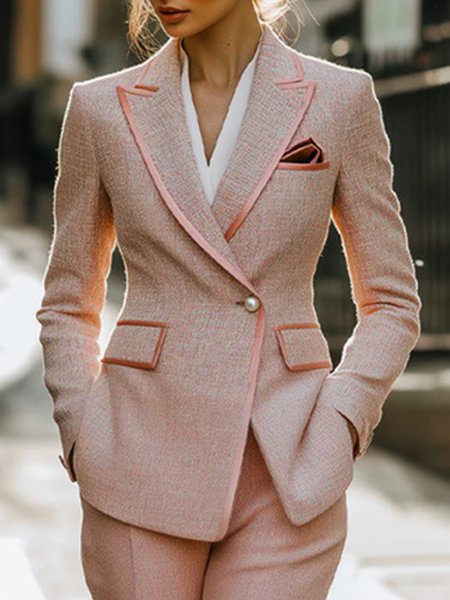 Elegant Buttoned Plain Lapel Collar Blazer, Blazers, color:Pink|size:XXL, Stylewe - Image 2