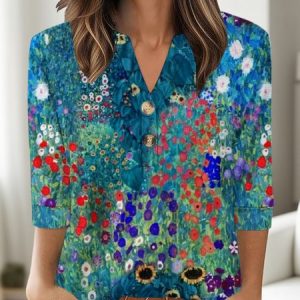 Casual Floral V Neck Three Quarter Sleeve T-shirt, T-shirts, color:Blue|size:4XL, catalog Noracora shop