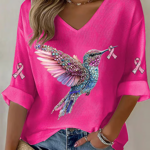 Women 3D Printing Three Quarter Sleeve Tee T-shirt V Neck Casual Spring/Fall Top, JustFashionNow T-Shirts, color:Rose Red|size:4XL