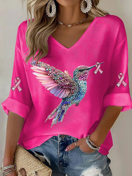 Women 3D Printing Three Quarter Sleeve Tee T-shirt V Neck Casual Spring/Fall Top, JustFashionNow T-Shirts, color:Rose Red|size:4XL