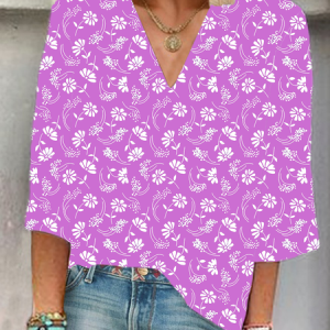 Shawl Collar Half Sleeve Floral Regular Loose Blouse For Women, Blouses, color:Purple|size:3XL, catalog Noracora shop