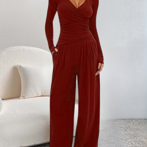 Women Plain Split Joint Two-Piece Set Daily Long Sleeve Casual Spring/Fall Top With Pants Matching Set, JustFashionNow Suit Set, color:Wine Red|size:XL,