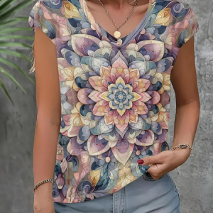 Women Floral Short Sleeve Tee T-shirt V Neck Printing Casual Summer Graphic Tee Top, JustFashionNow T-Shirts, color:As Picture|size:XXL