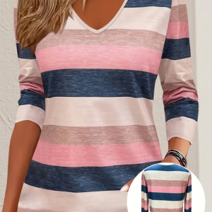 Women Striped Long Sleeve Tee T-shirt V Neck Printing Casual Spring/Fall Graphic Tee Top, JustFashionNow T-Shirts, color:Pink|size:XXL,