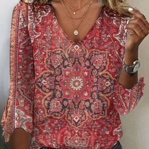 Casual Ethnic V Neck Three Quarter Sleeve T-shirt, T-shirts, color:Red|size:M, catalog Noracora shop