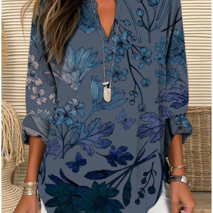 Shawl Collar Half Sleeve Floral Regular Loose Blouse For Women, Blouses, color:Dark Blue|size:4XL, catalog Noracora shop