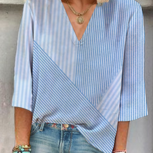 Women Striped Three Quarter Sleeve Blouse Spring/Fall Printing V Neck Daily Casual Top, JustFashionNow Blouses, color:Blue|size:XXL,