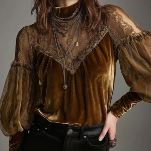 Velvet Elegant Plain Printing Stand Collar Puff Sleeve Blouse, Blouses and Shirts, color:As Picture|size:XXL, Stylewe