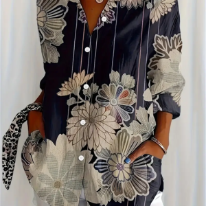 Women Floral Long Sleeve Shirt Spring/Fall Buckle Shirt Collar Regular Sleeve Daily Casual Top, JustFashionNow Shirts, color:Black|size:XXL,