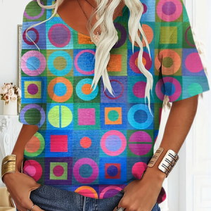 Women Abstract Short Sleeve Tee T-shirt V Neck Printing Casual Summer Graphic Tee Top, JustFashionNow T-Shirts, color:As Picture|size:5XL,
