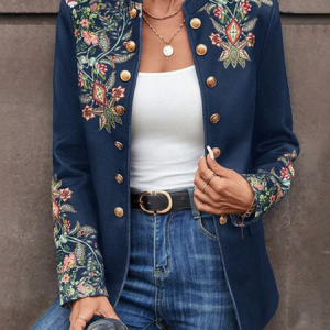 Women Winter Outerwear Vintage Floral Long Sleeve Stand Collar Jacket, Coats, color:Blue|size:3XL, catalog Noracora shop