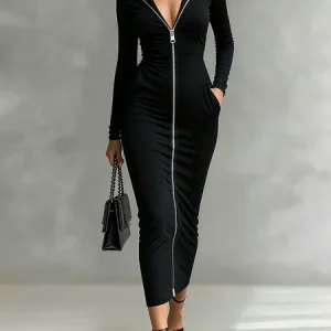Casual Plain Zipper Shawl Collar Maxi Dress, Midi Dresses, color:Black|size:XXL, Stylewe