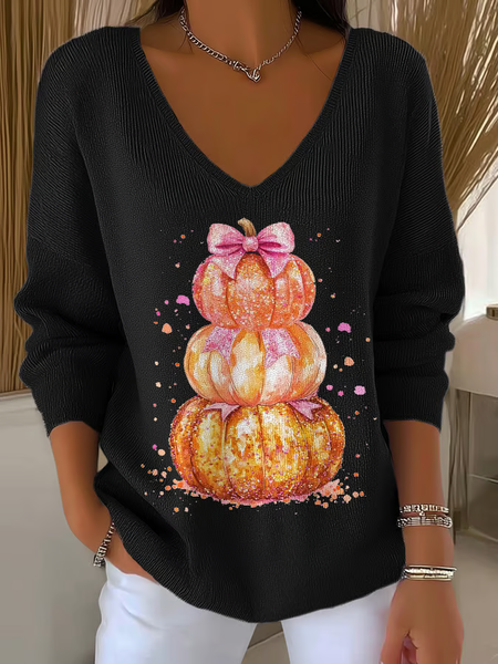 Women Halloween (pumpkin) Long Sleeve Tee T-shirt V Neck Printing Casual Spring/Fall Top, JustFashionNow T-Shirts, color:Black|size:4XL - Image 2