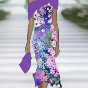 Women Floral Summer Printing Dress Cold Shoulder Cap Sleeve H-Line Dress, Dresses, color:Purple|size:4XL, catalog Noracora shop