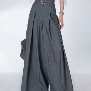 Urban Plain Wide Leg Pants With Belt, Pants, color:Gray|size:XXL, Stylewe