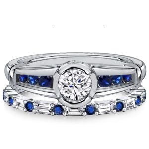 bridal sets - Italo Bezel Setting White & Blue Sapphire Engagement Ring Sets For Women, Italo jewelry - Online Catalog