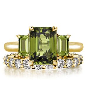 bridal sets - Italo Golden Peridot Emerald Cut Three Stone Engagement Ring Sets, Italo jewelry - Online Catalog